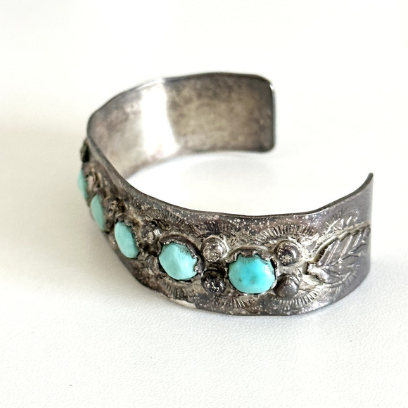 Vintage 925 Sterling Silver Turquoise Native American Etched Cuff Bracelet 6.5" - Picture 4 of 11